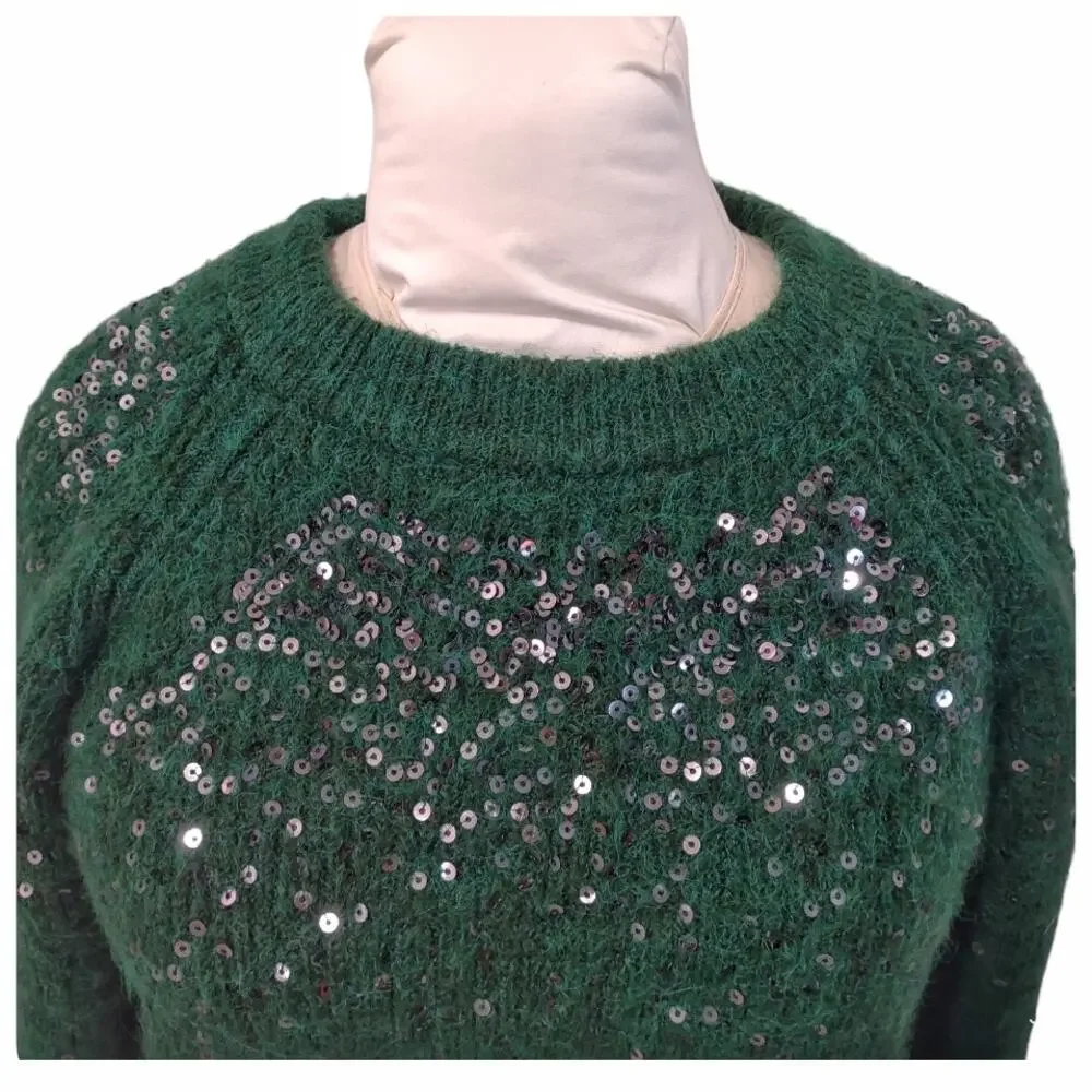 MARKS & SPENCER Green Sweater Size M Silver Sequins Crew Neck Raglan Sleeve Cozy